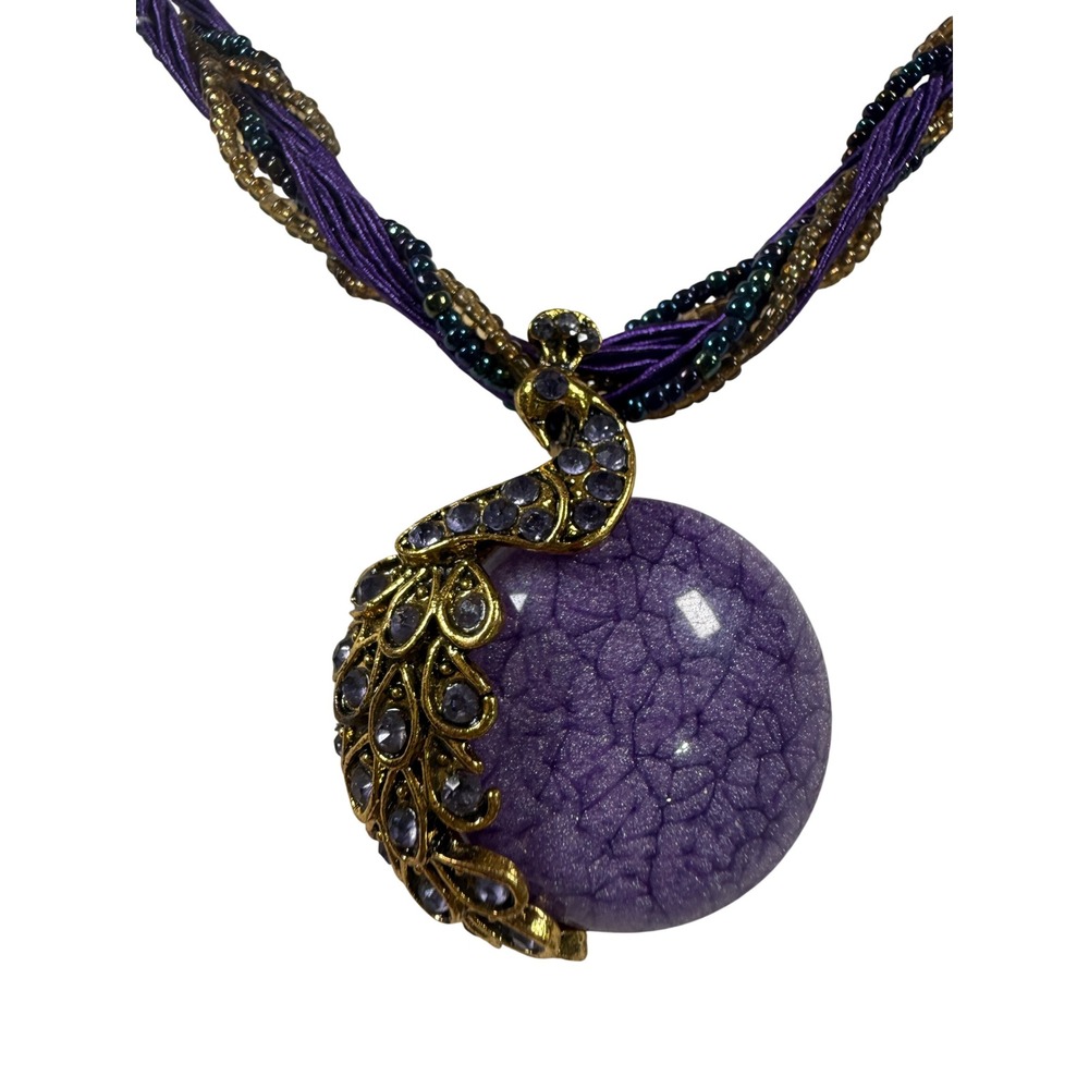 Artisan Purple Peacock Beaded Necklace Rhinestone Pendant Adjustable 17-20 Inch